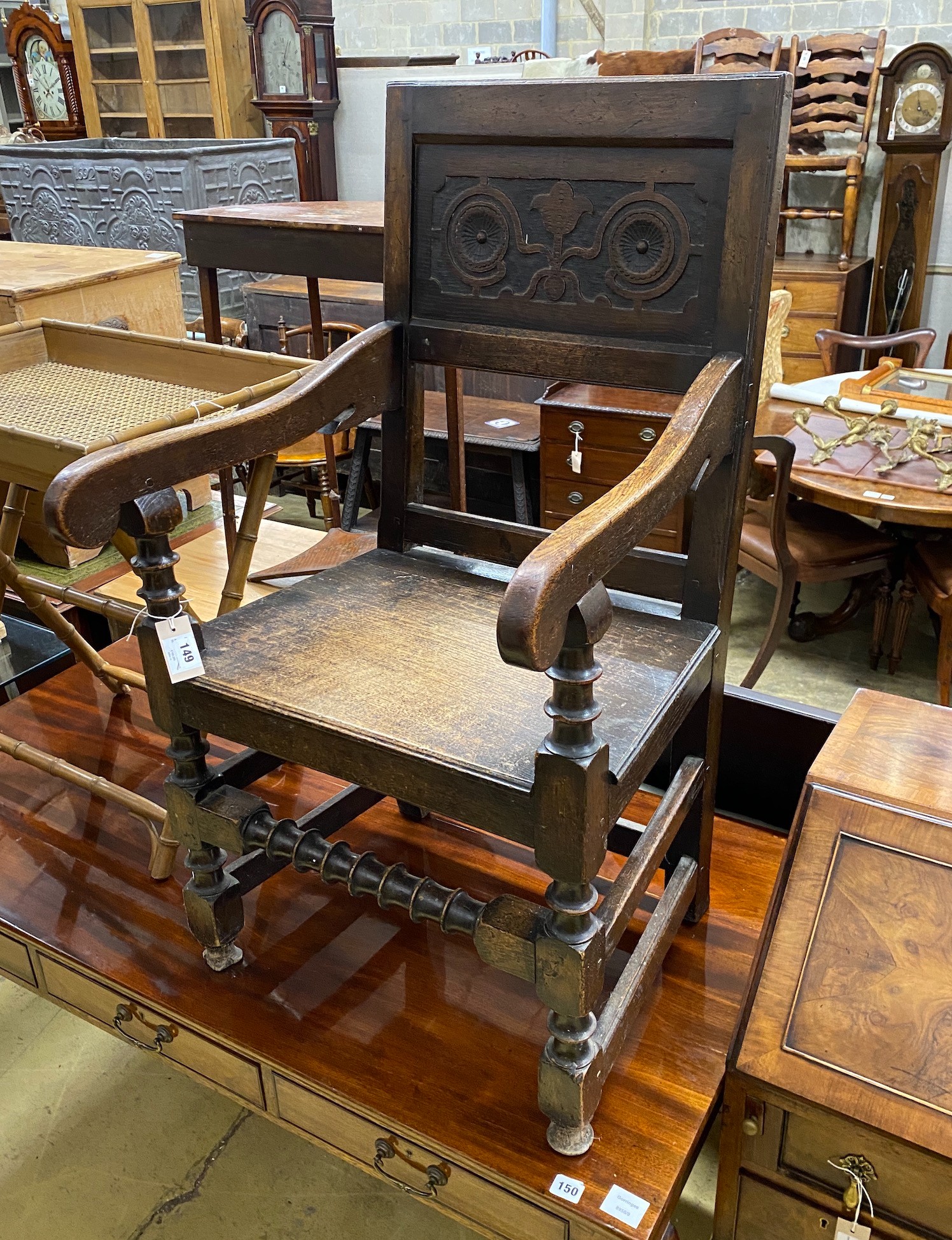 A Victorian Jacobean Revival oak Wainscot chair, width 55cm, depth 43cm, height 102cm